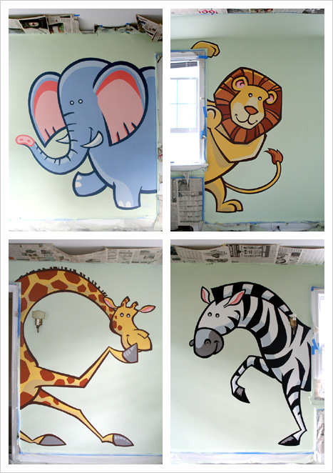 lello kid's mural - This baby's room mural consists of an elephant, giraffe, lion and zebra peaking out behind doors and windows.