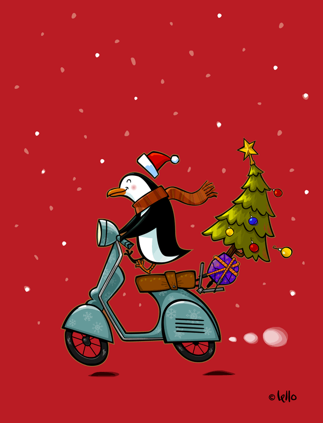 Happy Holidays from lello. Penguin on scooter.